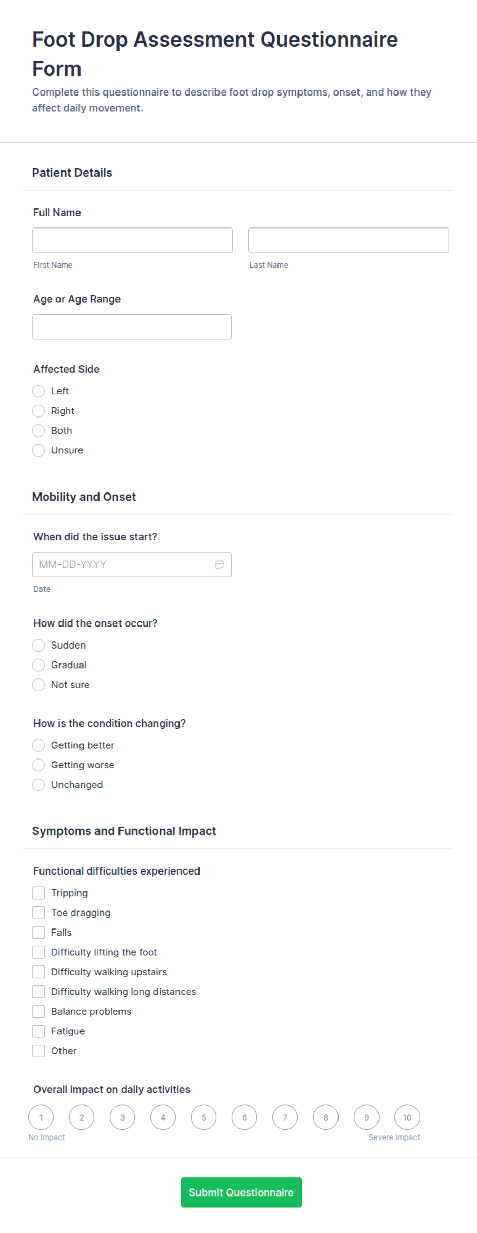 Foot Drop Assessment Questionnaire Form Template | Jotform