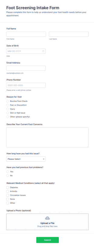 Foot Screening Intake Form Template