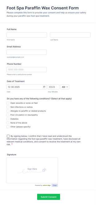 Foot Spa Paraffin Wax Consent Form Template