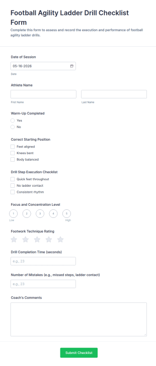 Football Agility Ladder Drill Checklist Form Template