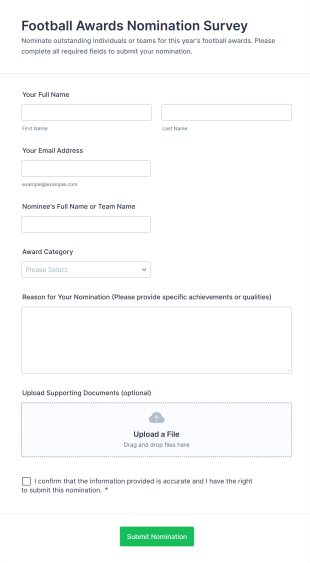Football Awards Nomination Survey Form Template