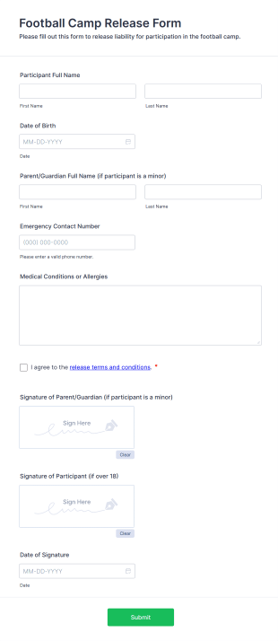 Football Camp Release Form Template