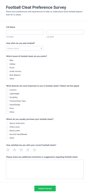 Football Cleat Preference Survey Form Template