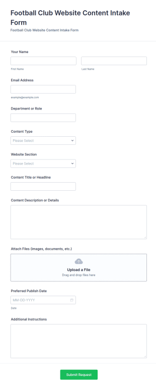 Football Club Website Content Intake Form Template