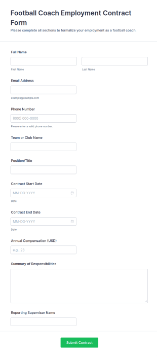 Football Coach Employment Contract Form Template