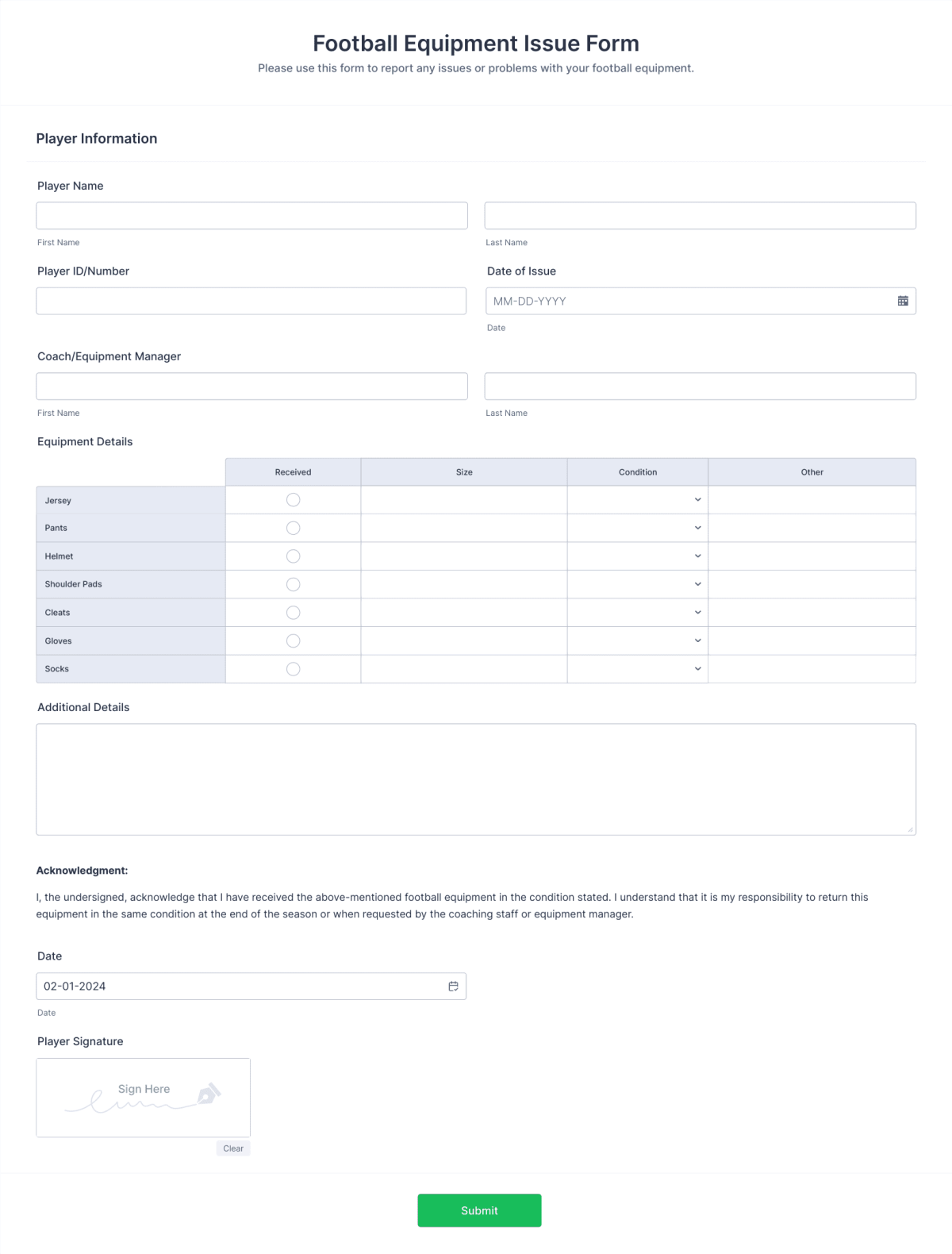 Football Equipment Issue Form Template Jotform