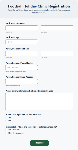 Football Holiday Clinic Registration Form Template