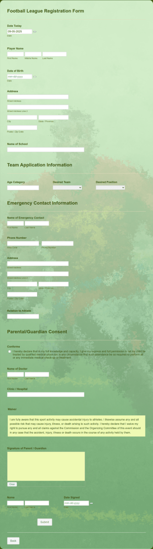 Football League Registration Form Template