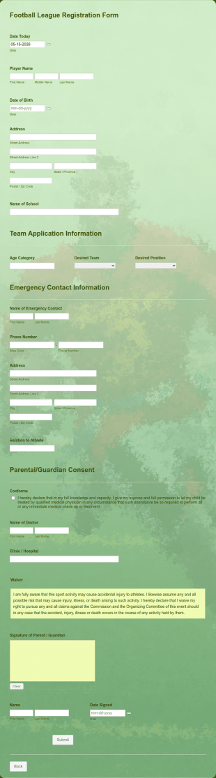 Football League Registration Form Template