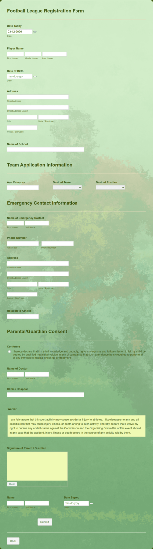 Football League Registration Form Template