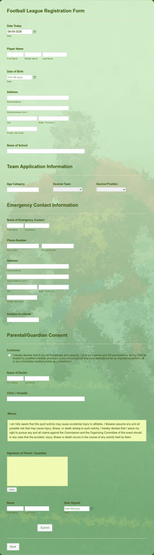 Football League Registration Form Template