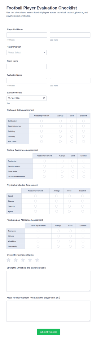 Football Player Evaluation Checklist Form Template