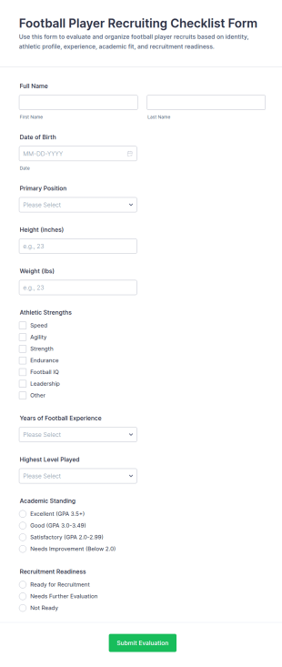 Football Player Recruiting Checklist Form Template