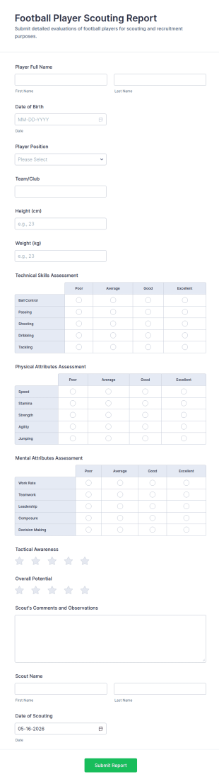 Football Player Scouting Report Form Template