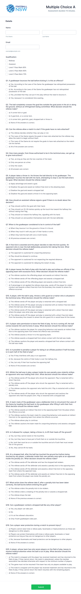 Football Referee Examination Form Template