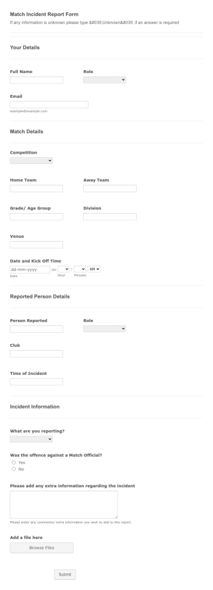 Football Match Incident Report Form Template