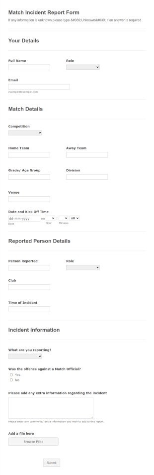 Football Match Incident Report Form Template