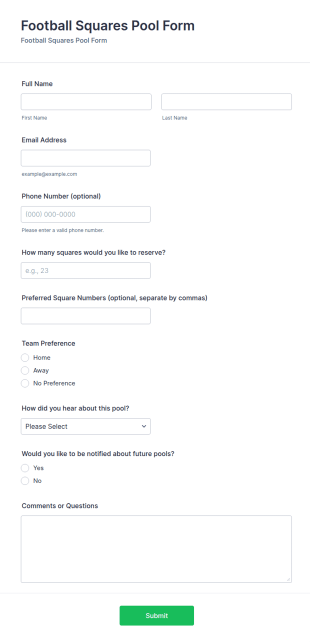 Football Squares Pool Form Template