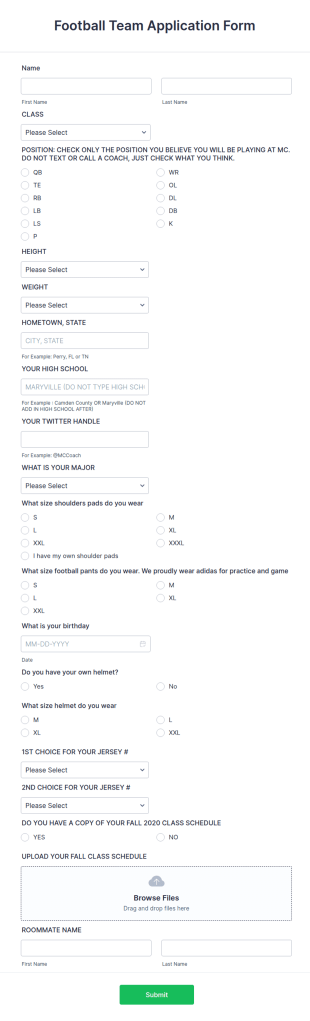 Football Team Application Form Template