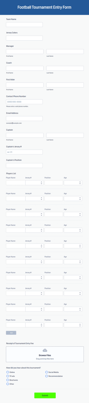 Football Tournament Entry Form Template