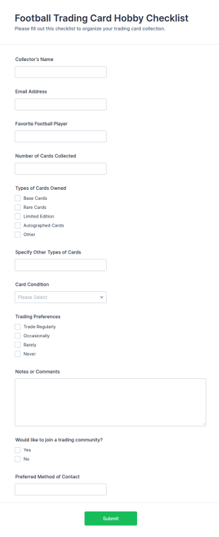 Football Trading Card Hobby Checklist Form Template