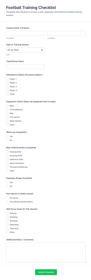 Football Training Checklist Form Template