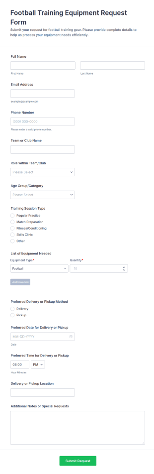 Football Training Equipment Request Form Template