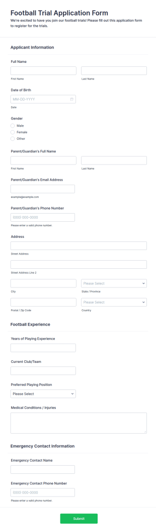 Football Trial Application Form Template