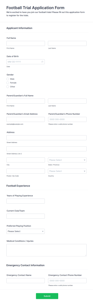 Football Trial Application Form Template