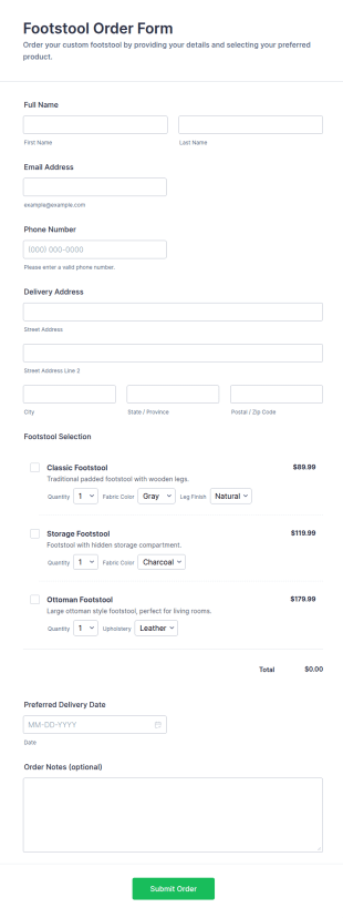 Footstool Order Form Template