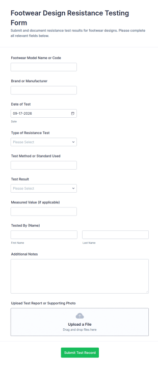 Footwear Design Resistance Testing Form Template