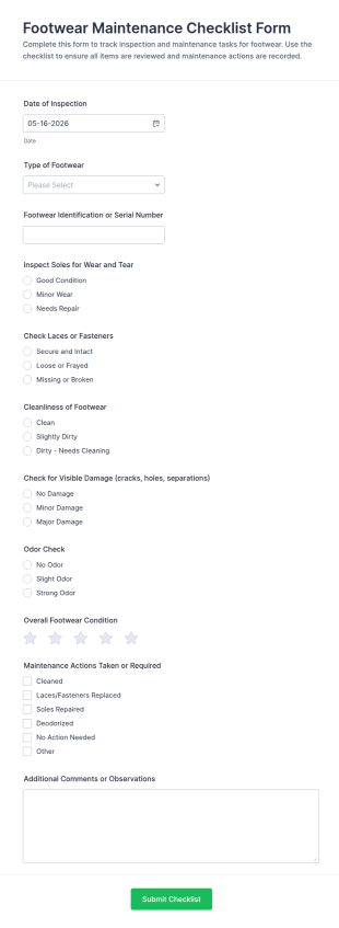 Footwear Maintenance Checklist Form Template