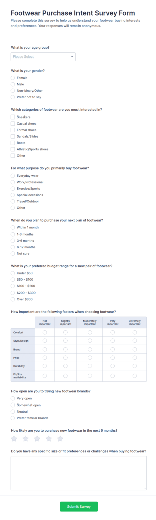 Footwear Purchase Intent Survey Form Template