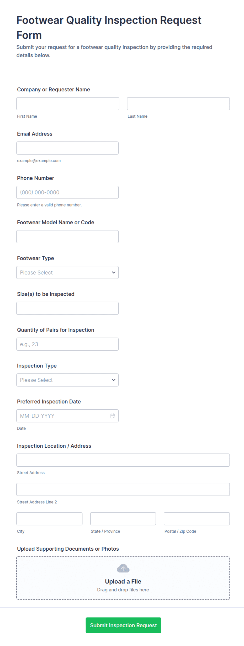 Footwear Quality Inspection Request Form Template | Jotform