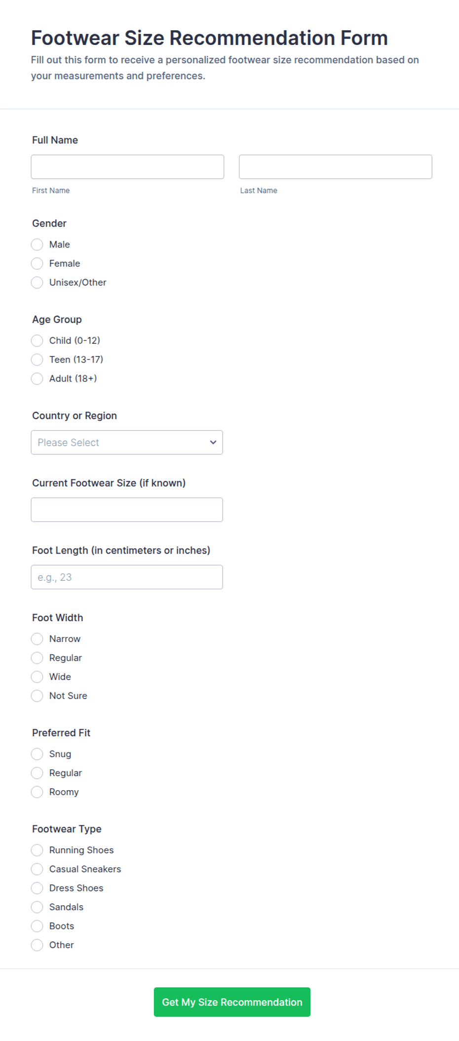 Footwear Size Recommendation Form Template | Jotform
