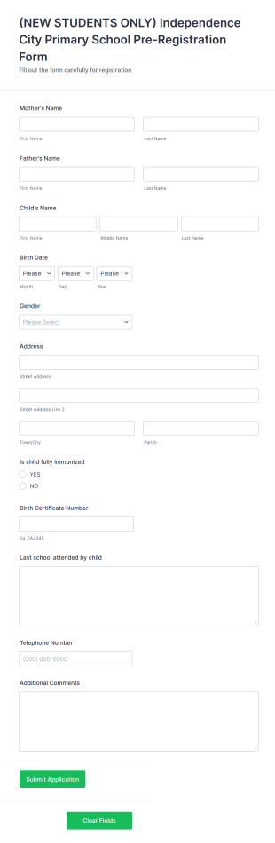 Primary School Pre Registration Form Template