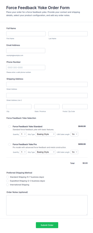 Force Feedback Yoke Order Form Template