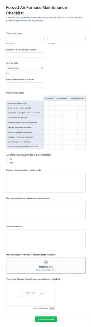 Forced Air Furnace Maintenance Checklist Form Template