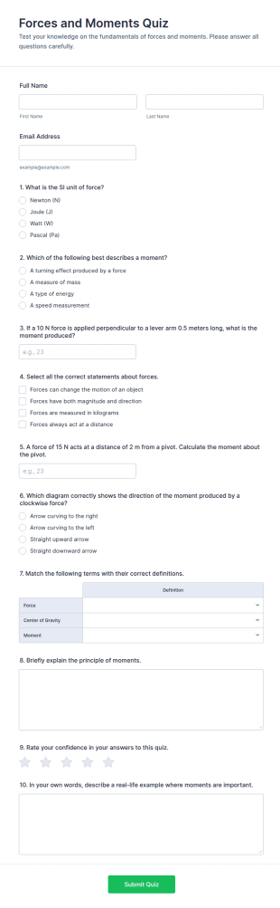 Forces And Moments Quiz Form Template