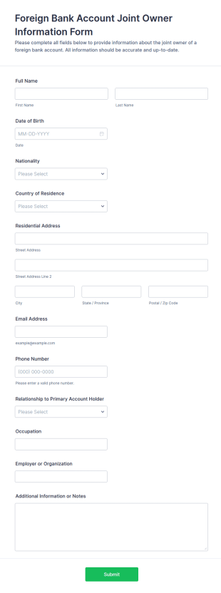 Foreign Bank Account Joint Owner Information Form Template