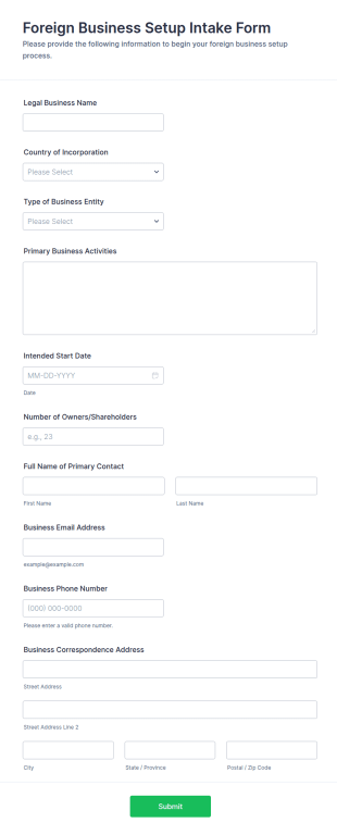 Foreign Business Setup Intake Form Template