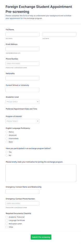 Foreign Exchange Student Appointment Pre Screening Form Template