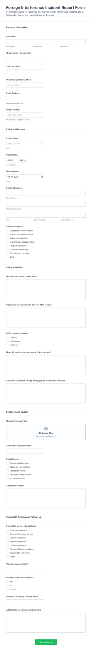 Foreign Interference Incident Report Form Template