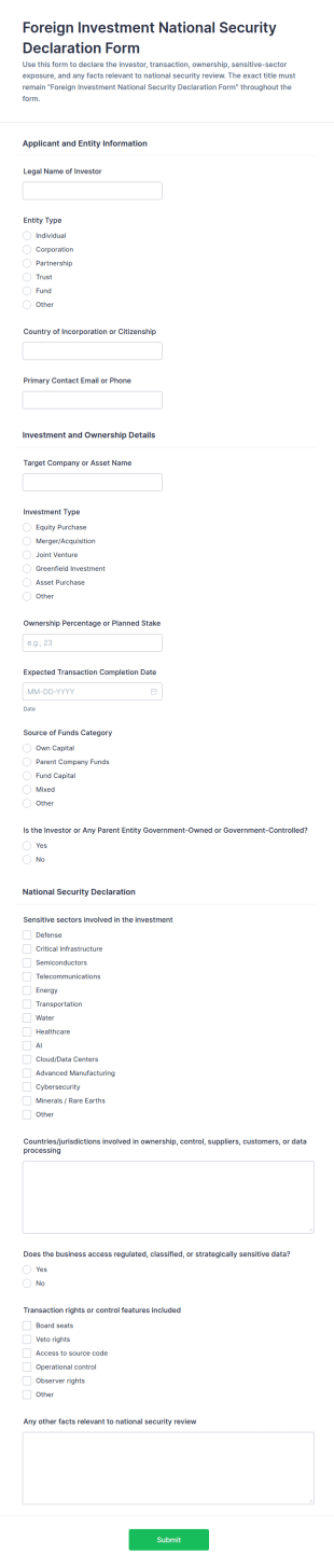 Foreign Investment National Security Declaration Form Template