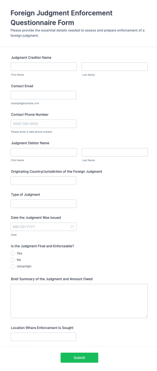 Foreign Judgment Enforcement Questionnaire Form Template