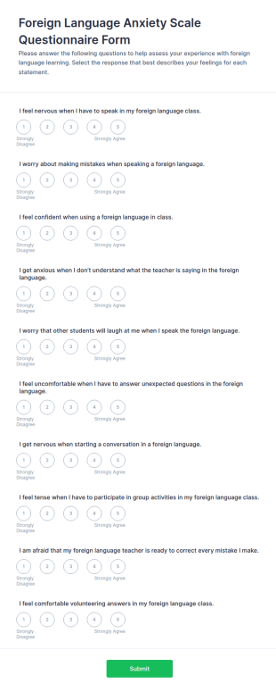 Foreign Language Anxiety Scale Questionnaire Form Template