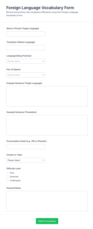 Foreign Language Vocabulary Form Template