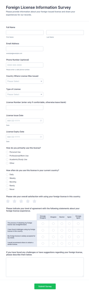 Foreign License Information Survey Form Template
