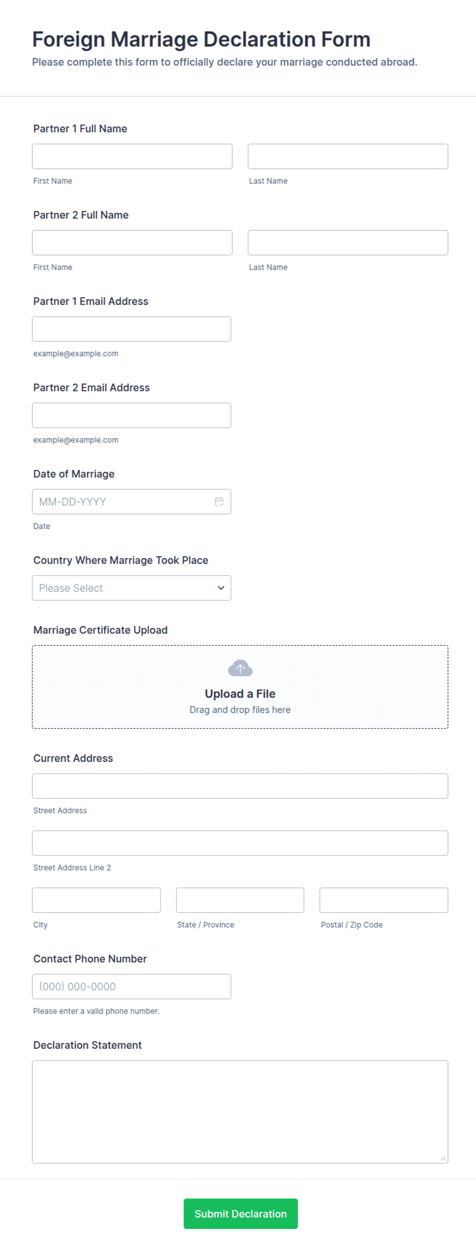 Foreign Marriage Declaration Form Template | Jotform