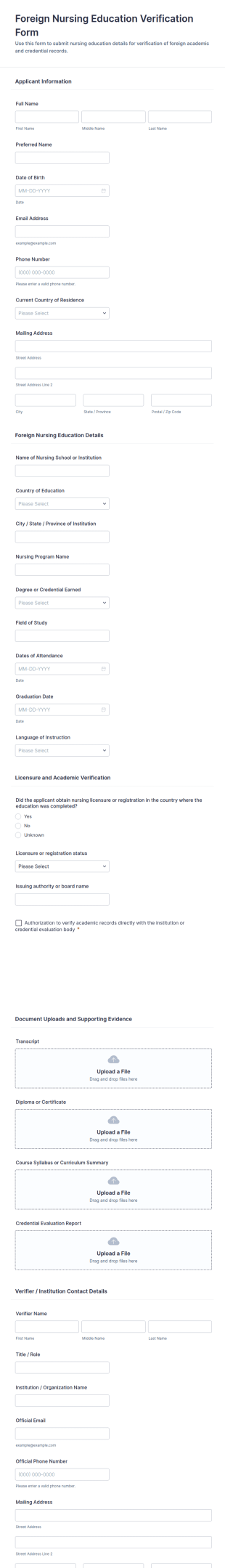 Foreign Nursing Education Verification Form Template
